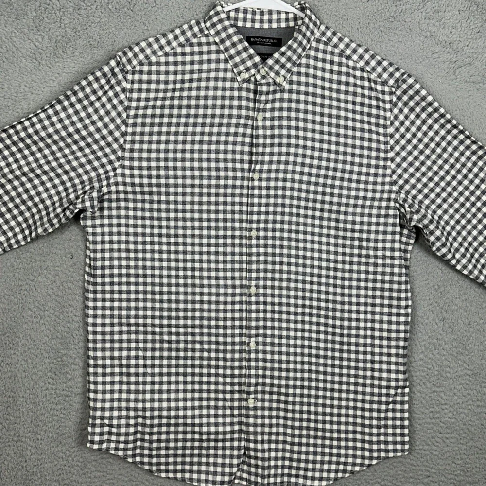 Banana Republic Shirt Men Large Black Whte Luxe Flannel Camden Fit Gingham Check
